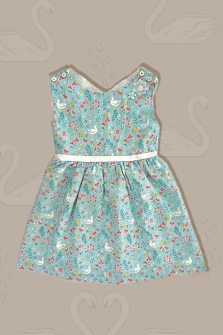 Teal Cotton Floral Printed Dress For Girls by Taramira at Pernia's Pop Up Shop