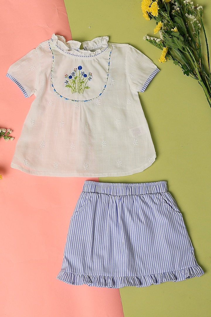 Blue Cotton Hand Embroidered Skirt Set For Girls by Taramira at Pernia's Pop Up Shop