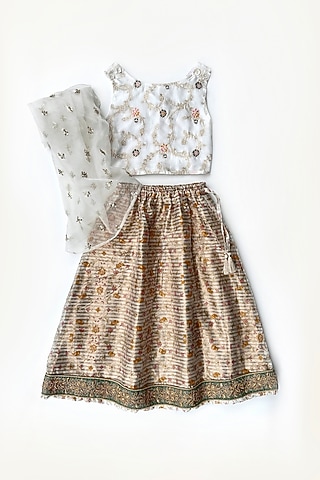 Gold Cotton Silk Striped Lehenga Set For Girls by Taramira