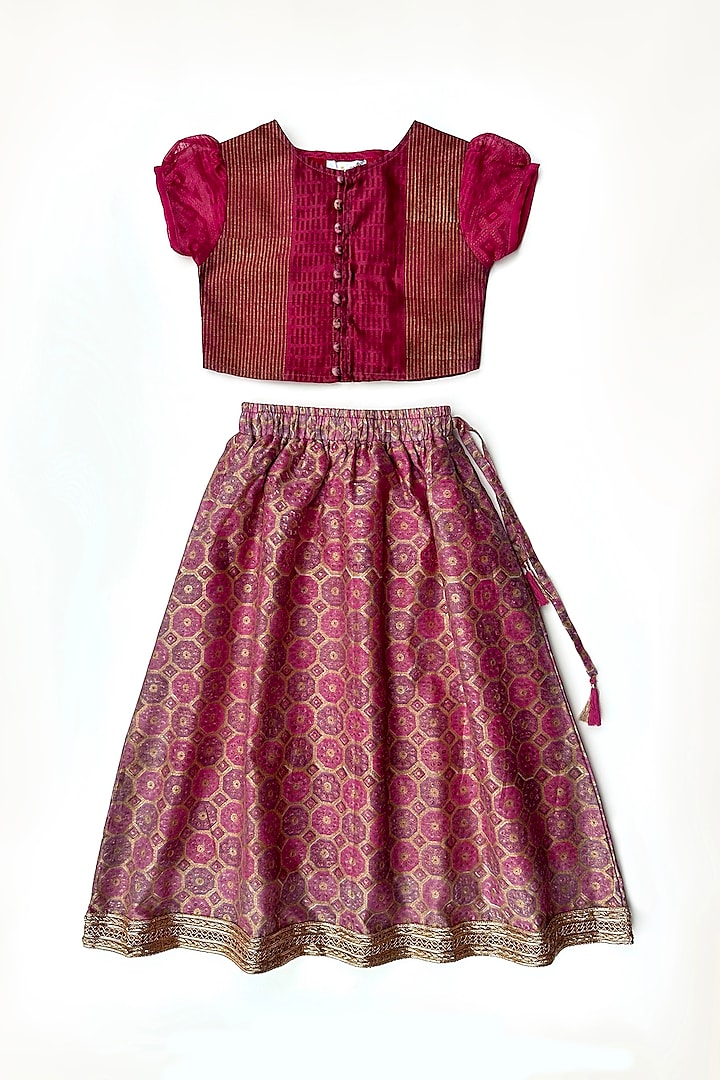 Wine Cotton Silk Hand Block Printed Lehenga Set For Girls by Taramira at Pernia's Pop Up Shop