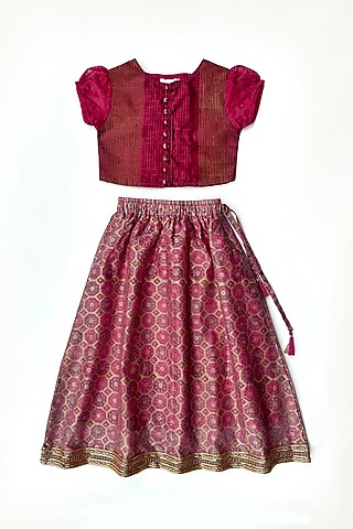 Wine Cotton Silk Hand Block Printed Lehenga Set For Girls by Taramira