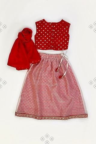 Red & White Cotton Silk Striped Hand Block Printed Lehenga Set For Girls by Taramira