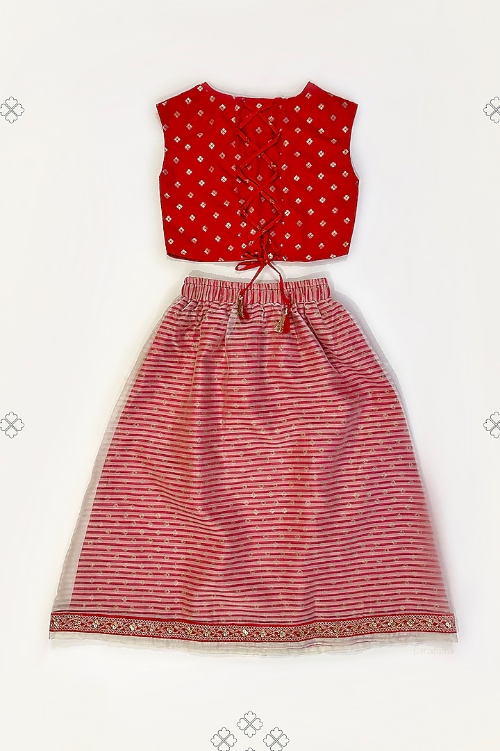 Red & White Cotton Silk Striped Hand Block Printed Lehenga Set For Girls by Taramira at Pernia's Pop Up Shop
