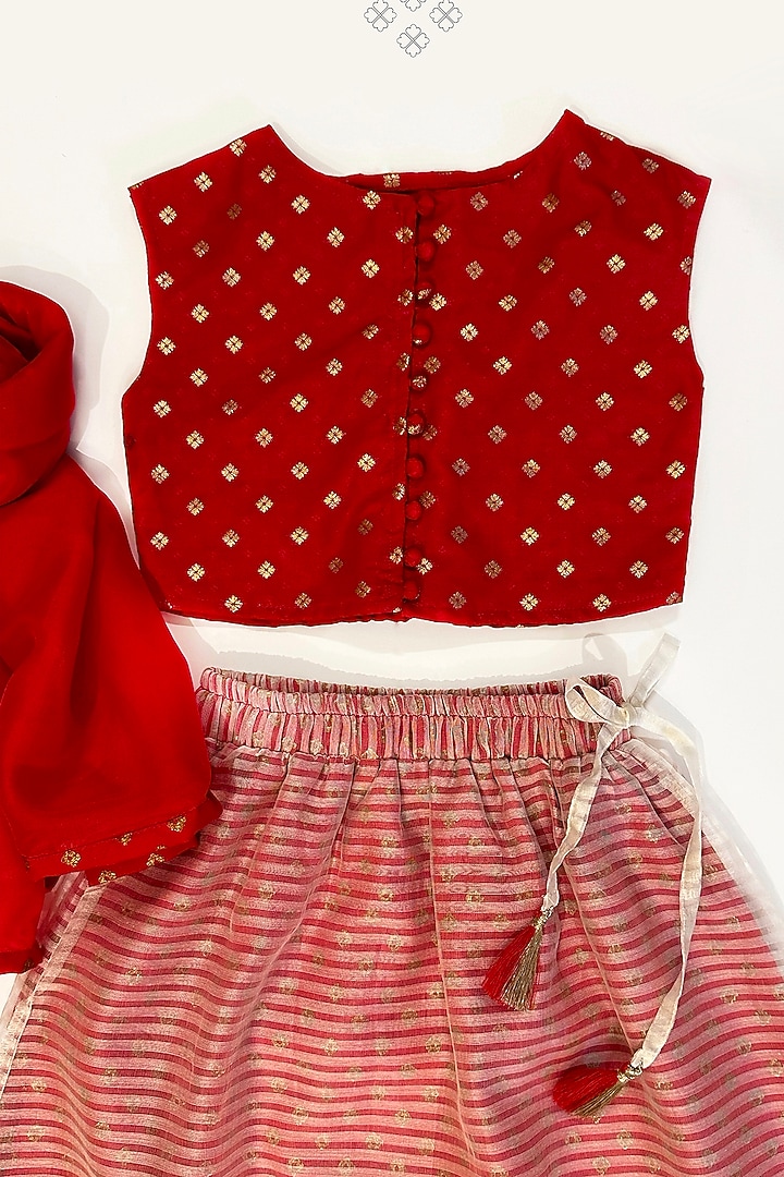 Red & White Cotton Silk Striped Hand Block Printed Lehenga Set For Girls by Taramira at Pernia's Pop Up Shop