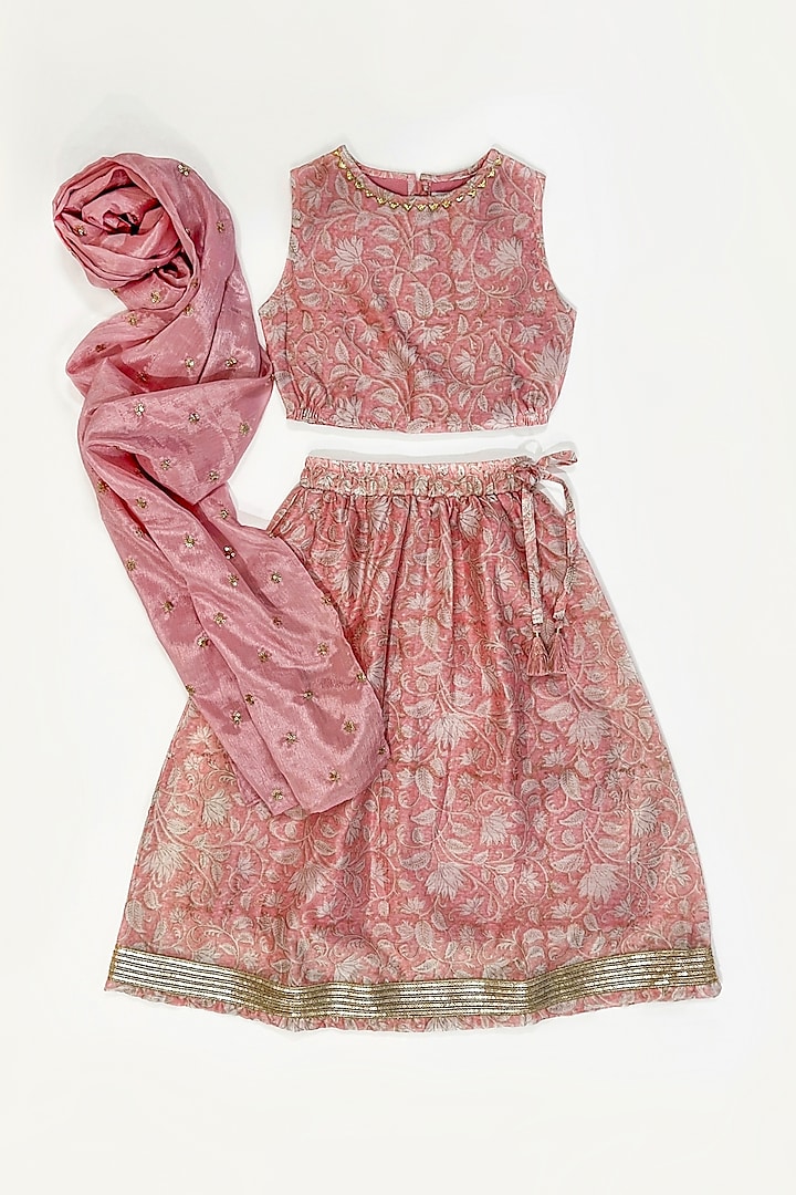 Pink Cotton Silk Floral Hand Block Printed Lehenga Set For Girls by Taramira