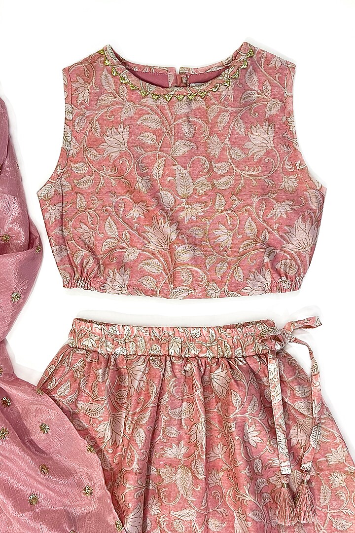 Pink Cotton Silk Floral Hand Block Printed Lehenga Set For Girls by Taramira at Pernia's Pop Up Shop