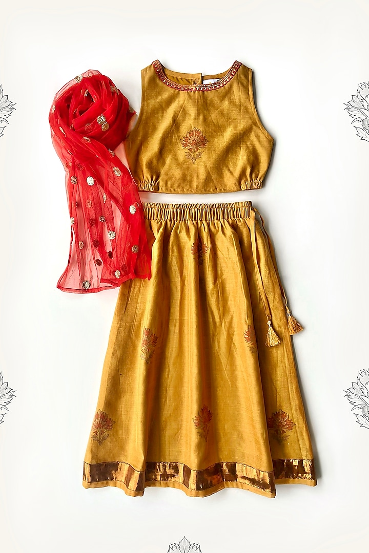 Beige Gold Cotton Silk Floral Hand Block Printed Lehenga Set For Girls by Taramira