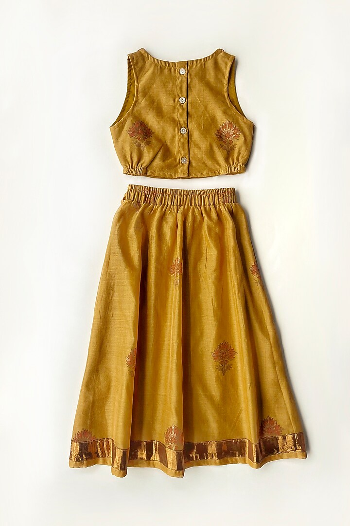 Beige Gold Cotton Silk Floral Hand Block Printed Lehenga Set For Girls by Taramira at Pernia's Pop Up Shop