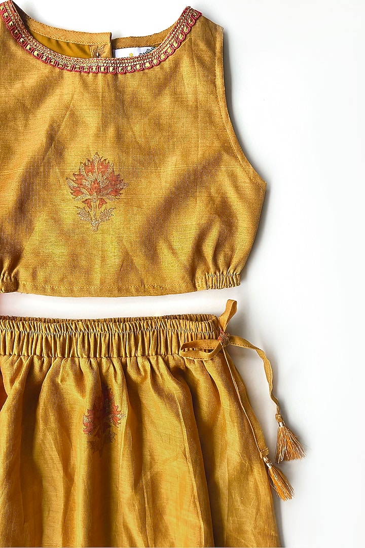 Beige Gold Cotton Silk Floral Hand Block Printed Lehenga Set For Girls by Taramira at Pernia's Pop Up Shop