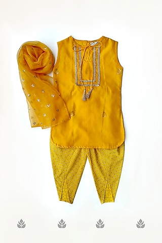 Yellow Cotton Blend Hand Block Printed Dhoti Set Set For Girls by Taramira