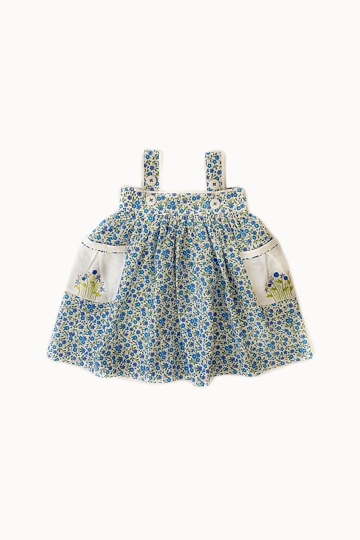 White Dress With Blue Floral Print For Girls by Taramira at Pernia's Pop Up Shop