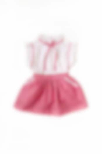 White & Pink Striped Skirt Set For Girls by Taramira