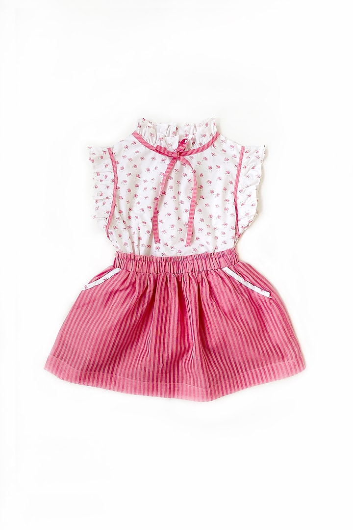 White & Pink Striped Skirt Set For Girls by Taramira