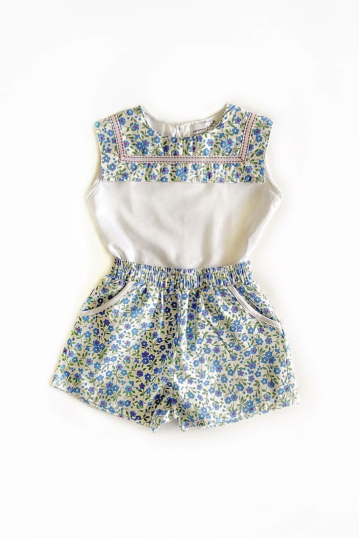 White Co-Ord Set With Blue Floral Print For Girls by Taramira