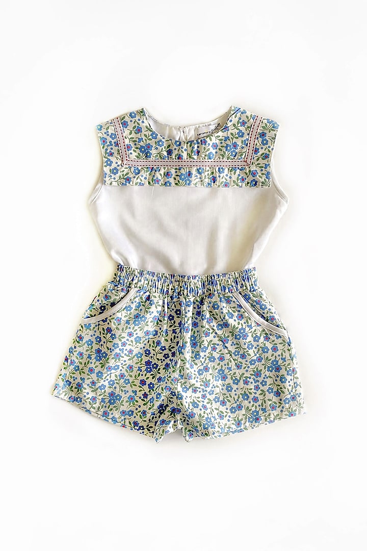 White Co-Ord Set With Blue Floral Print For Girls by Taramira at Pernia's Pop Up Shop