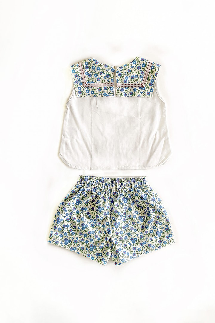 White Co-Ord Set With Blue Floral Print For Girls by Taramira at Pernia's Pop Up Shop