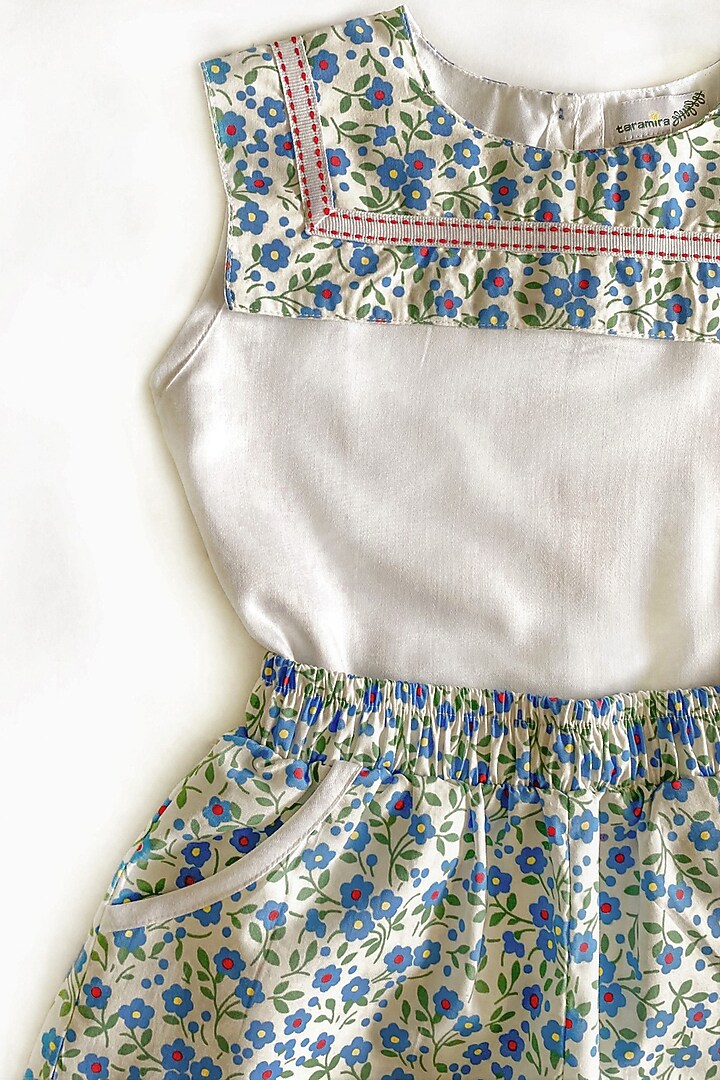 White Co-Ord Set With Blue Floral Print For Girls by Taramira at Pernia's Pop Up Shop