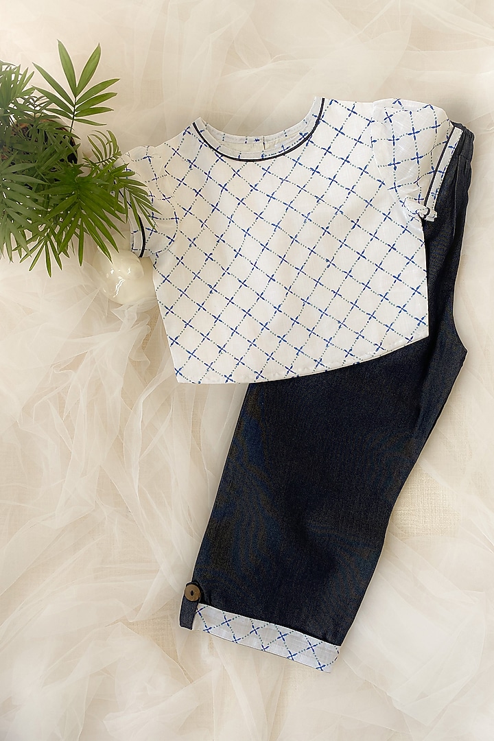 White Printed Top With Blue Pants For Girls by Taramira at Pernia's Pop Up Shop
