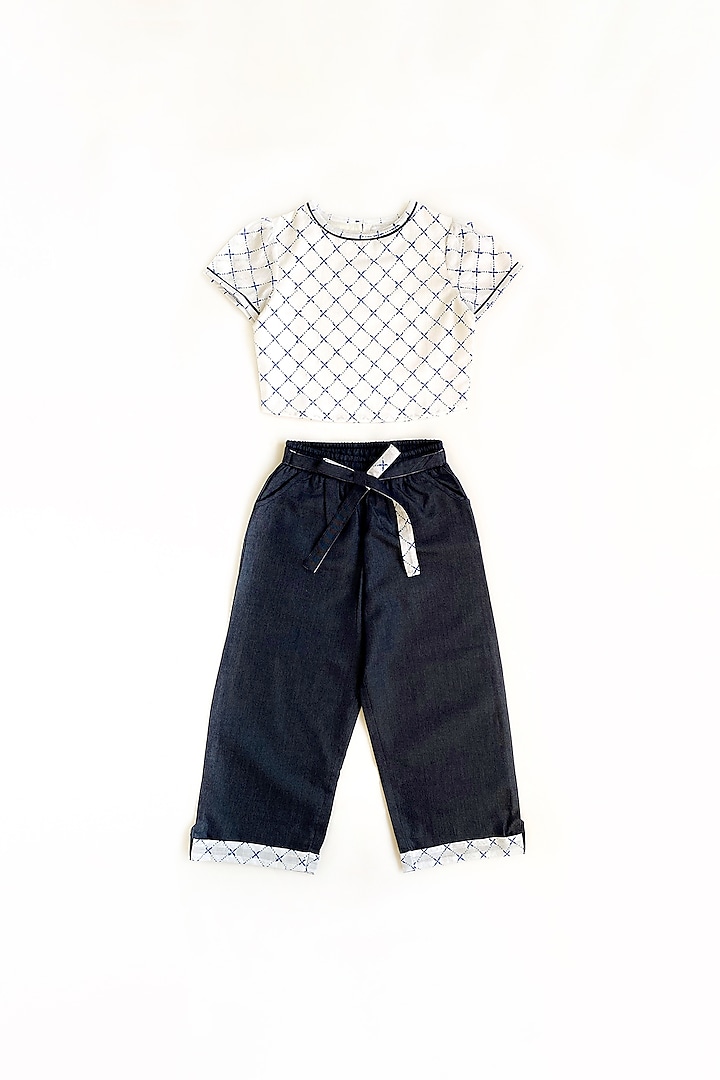 White Printed Top With Blue Pants For Girls by Taramira at Pernia's Pop Up Shop