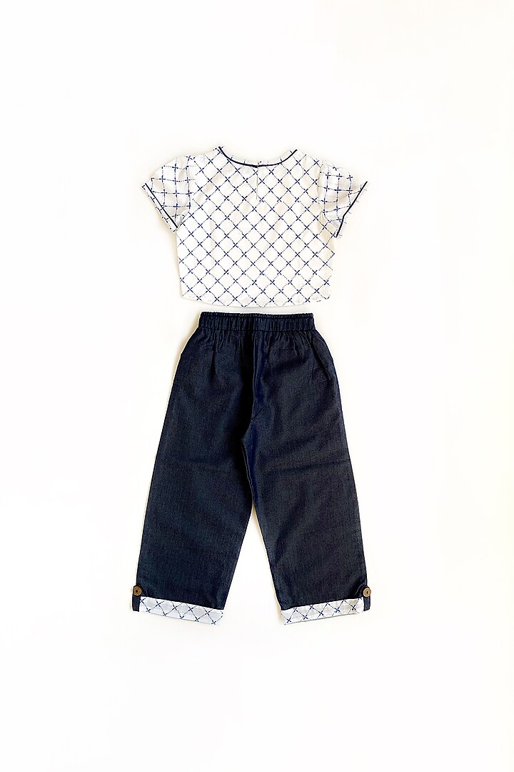 White Printed Top With Blue Pants For Girls by Taramira at Pernia's Pop Up Shop