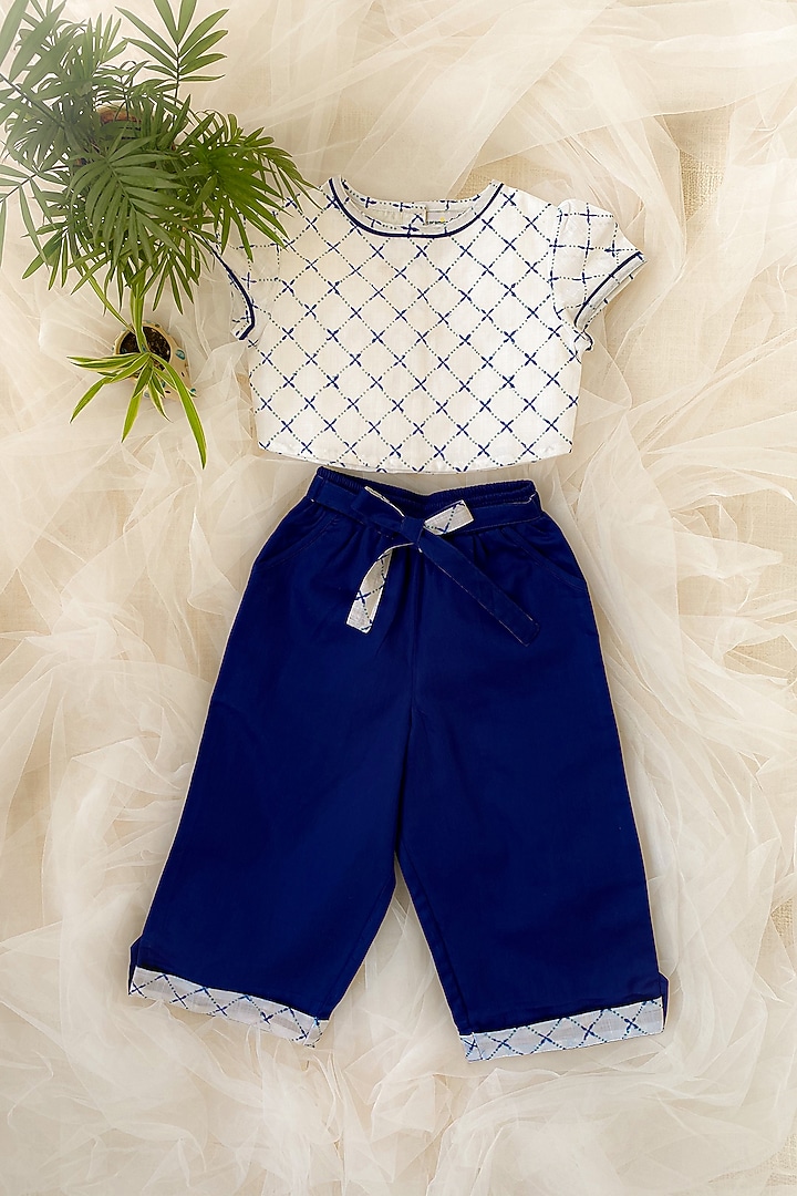 White Top With Cobalt Blue Pants For Girls by Taramira at Pernia's Pop Up Shop