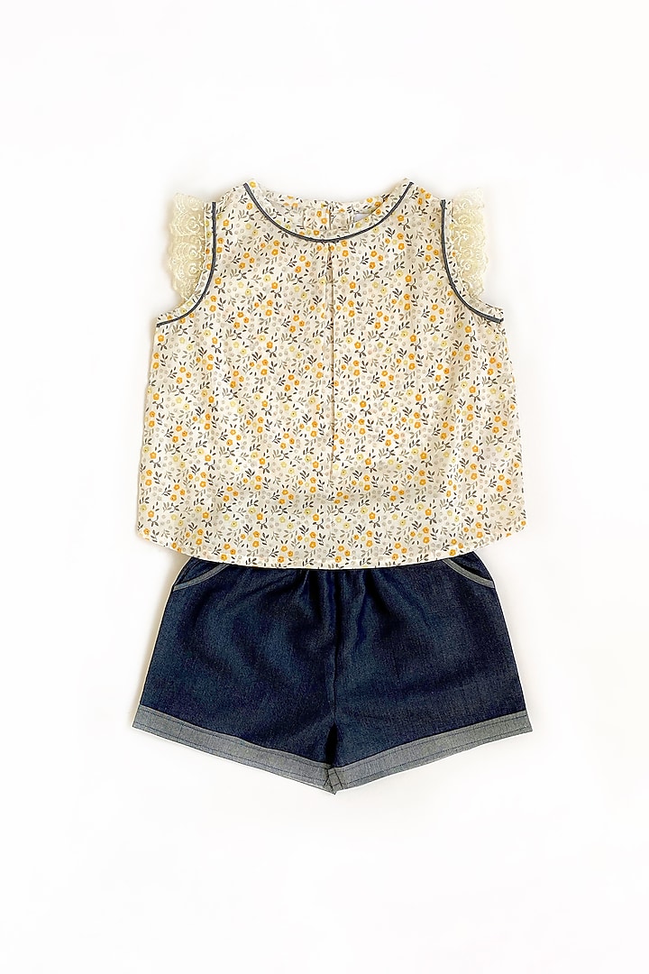 Off White Printed Top With Shorts For Girls by Taramira