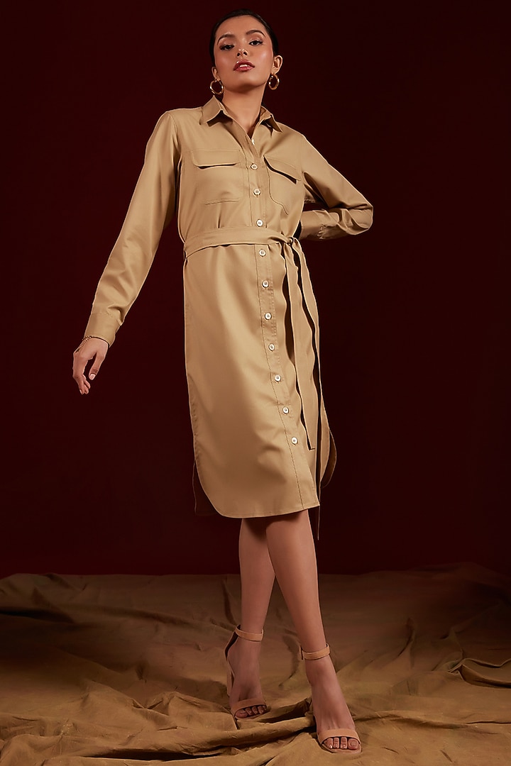 Tan Viscose & Polyester Summer Shirt Dress by Tara and I at Pernia's Pop Up Shop