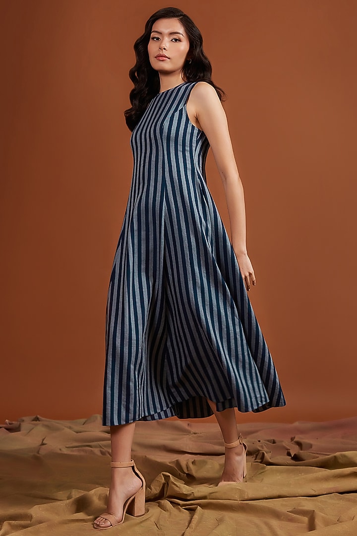 Navy Blue Tencel Striped Sleeveless Midi Summer Dress by Tara and I at Pernia's Pop Up Shop