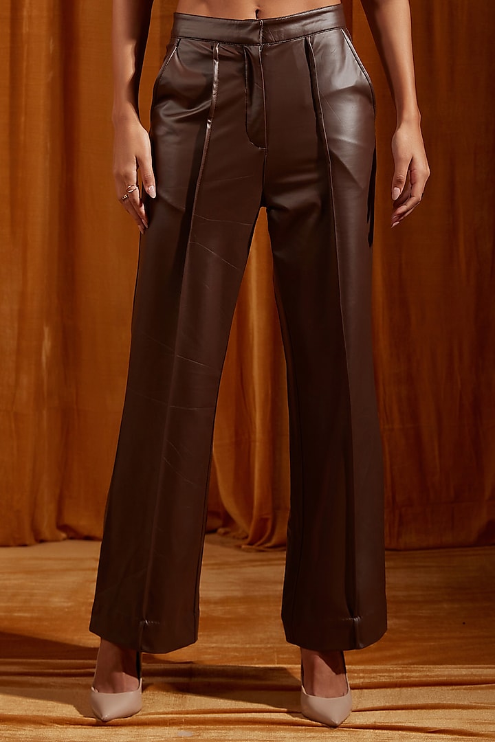 Mocha Faux Leather Straight-Fit Trousers by Tara and I