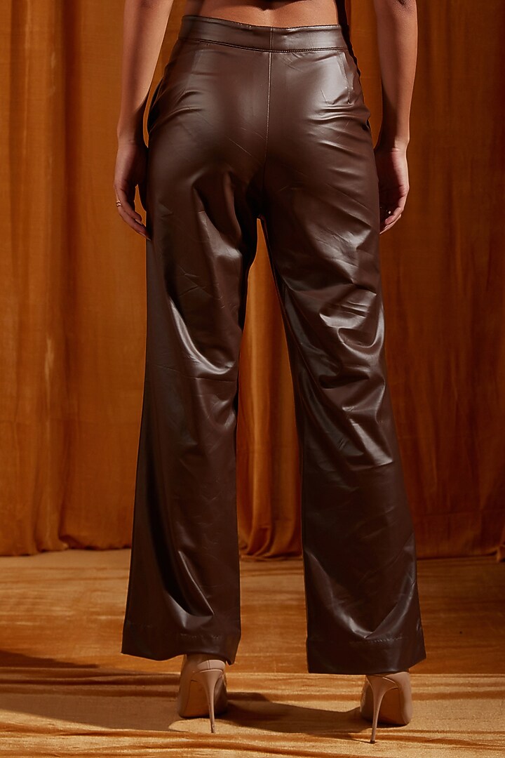 Mocha Faux Leather Straight-Fit Trousers by Tara and I at Pernia's Pop Up Shop
