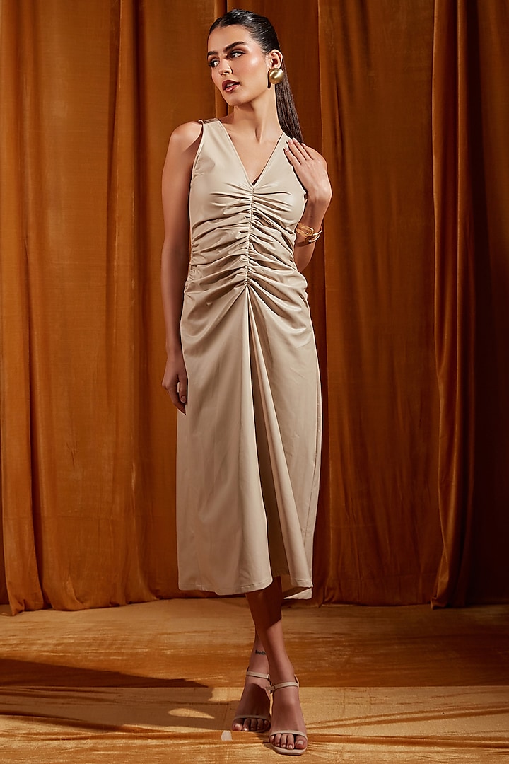 Cream Faux Leather Ruched Midi Dress by Tara and I