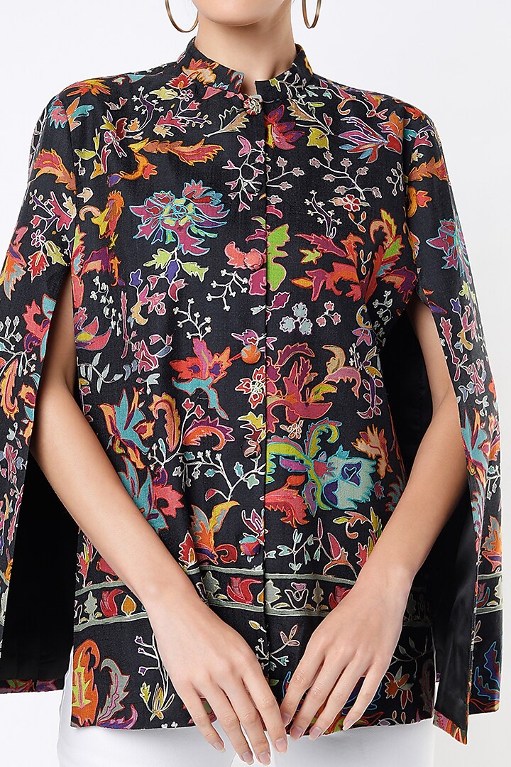 Black Wool Kalamkari Cape by Taroob at Pernia's Pop Up Shop