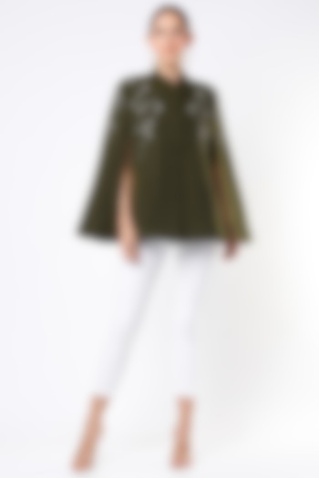 Olive Green Embroidered Work Cape by Taroob at Pernia's Pop Up Shop