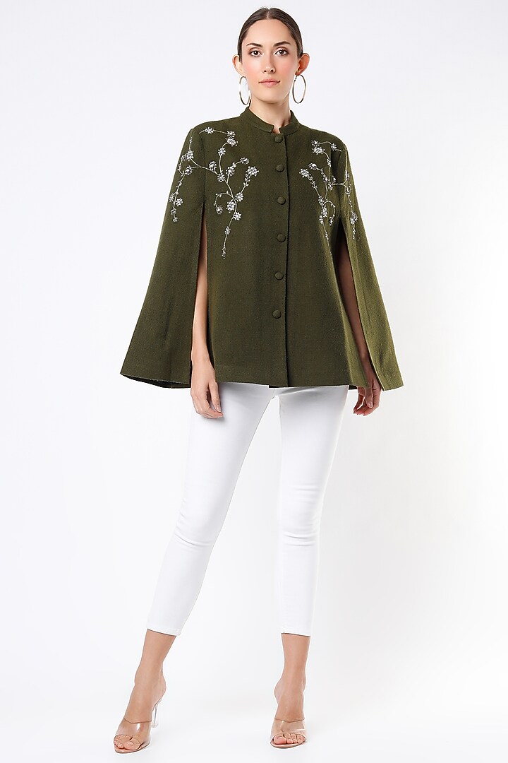 Olive Green Embroidered Work Cape by Taroob at Pernia's Pop Up Shop