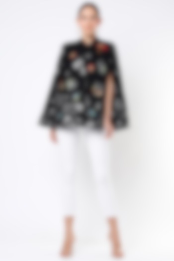 Black Embroidered Winter Cape by Taroob at Pernia's Pop Up Shop