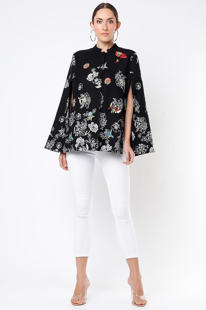 Black Embroidered Winter Cape by Taroob at Pernia's Pop Up Shop