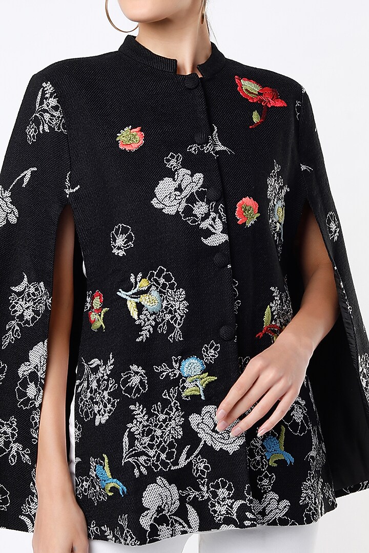 Black Embroidered Winter Cape by Taroob at Pernia's Pop Up Shop