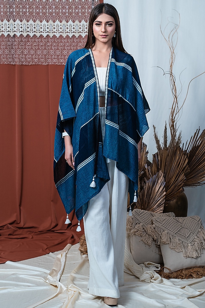 Deep Turquoise & Dark Navy Blue Striped Kimono by Taroob