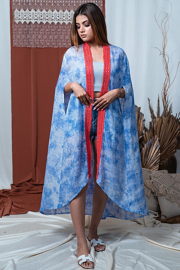 Sky Blue & White Printed Long Kimono Cover-Up by Taroob