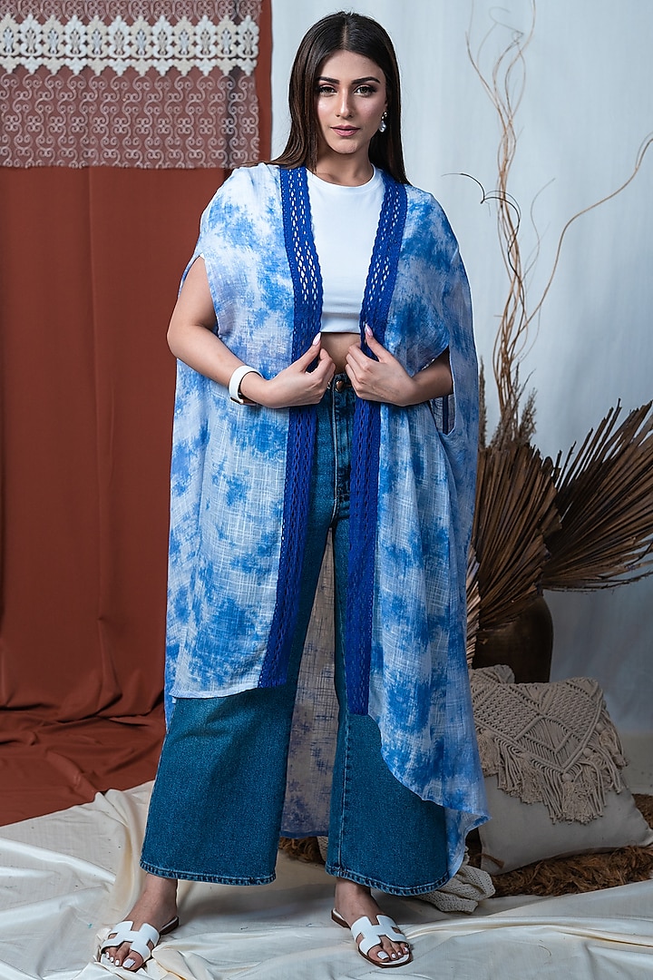 Sky Blue & White Tie-Dyed Long Kimono Cover-Up by Taroob