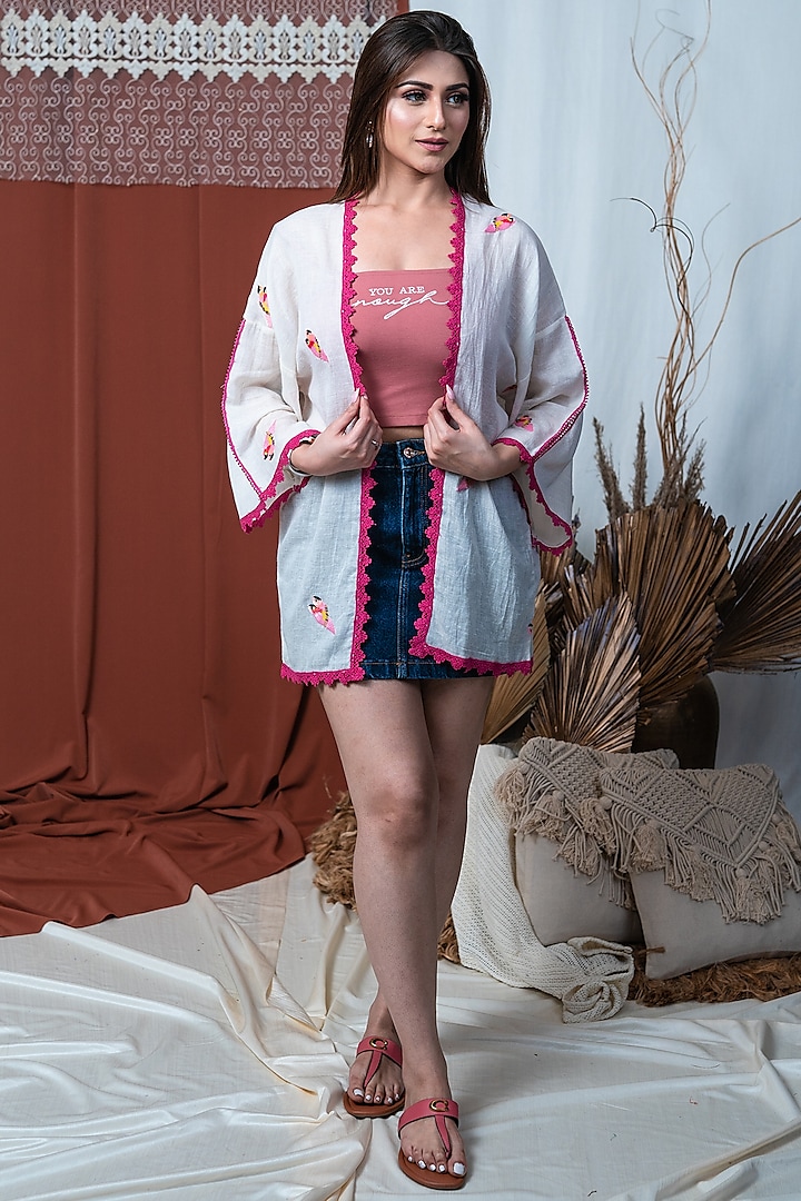 White & Fuchsia Printed Kimono by Taroob