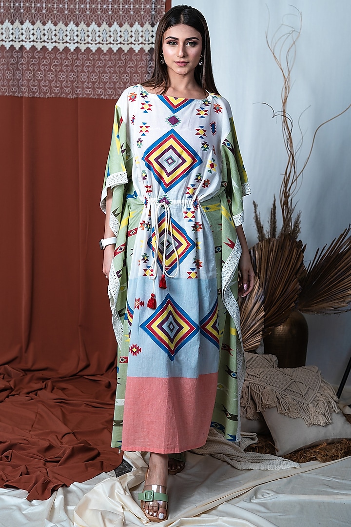 White Printed & Embroidered Kaftan by Taroob