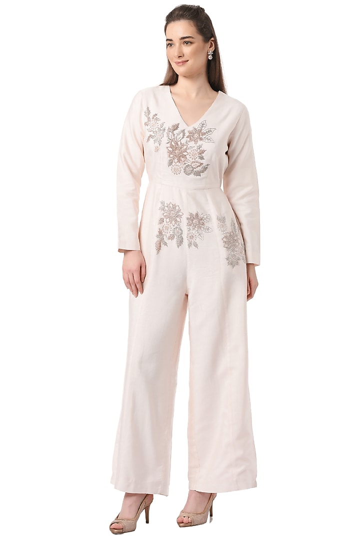 Pink Silk Hand Embellished Jumpsuit by Taroob at Pernia's Pop Up Shop