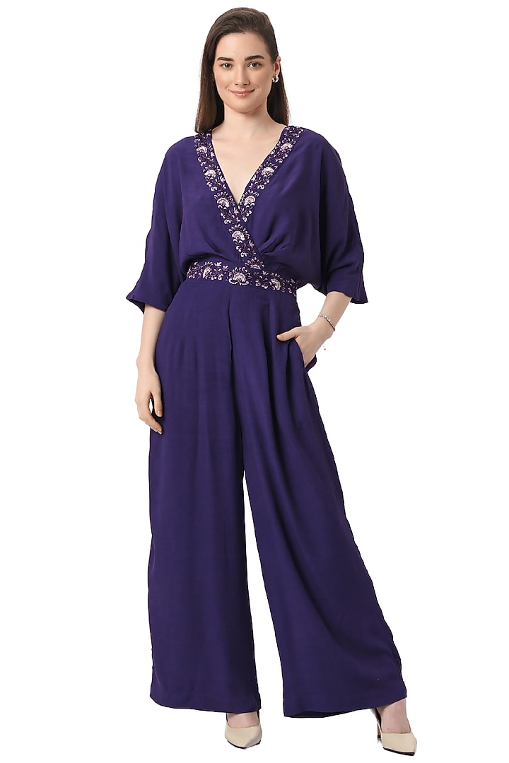 Purple Urban Silk Embroidered Jumpsuit by Taroob at Pernia's Pop Up Shop
