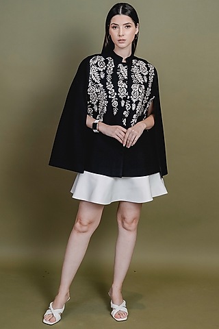 Black Embroidered & Printed Cape by Taroob