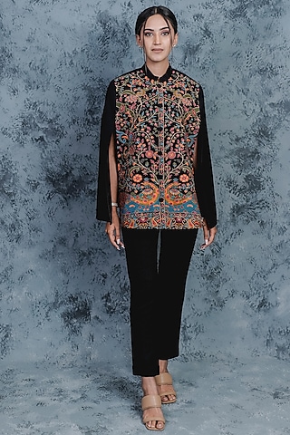 Black Embroidered Peacock Cape by Taroob