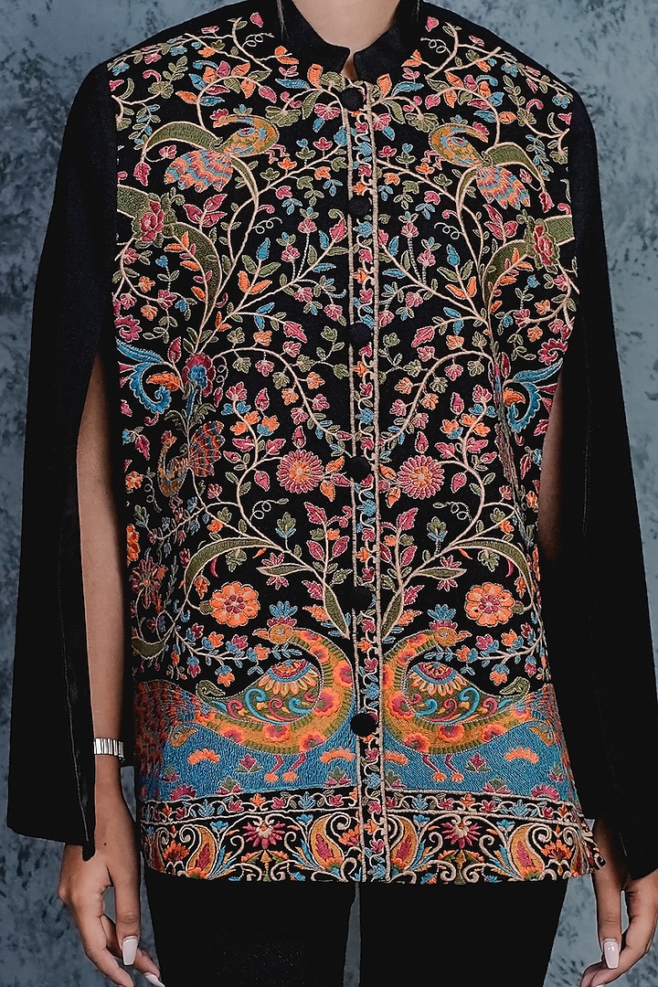 Black Embroidered Peacock Cape by Taroob at Pernia's Pop Up Shop