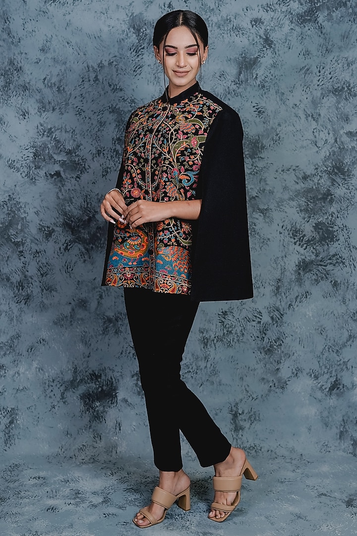 Black Embroidered Peacock Cape by Taroob at Pernia's Pop Up Shop