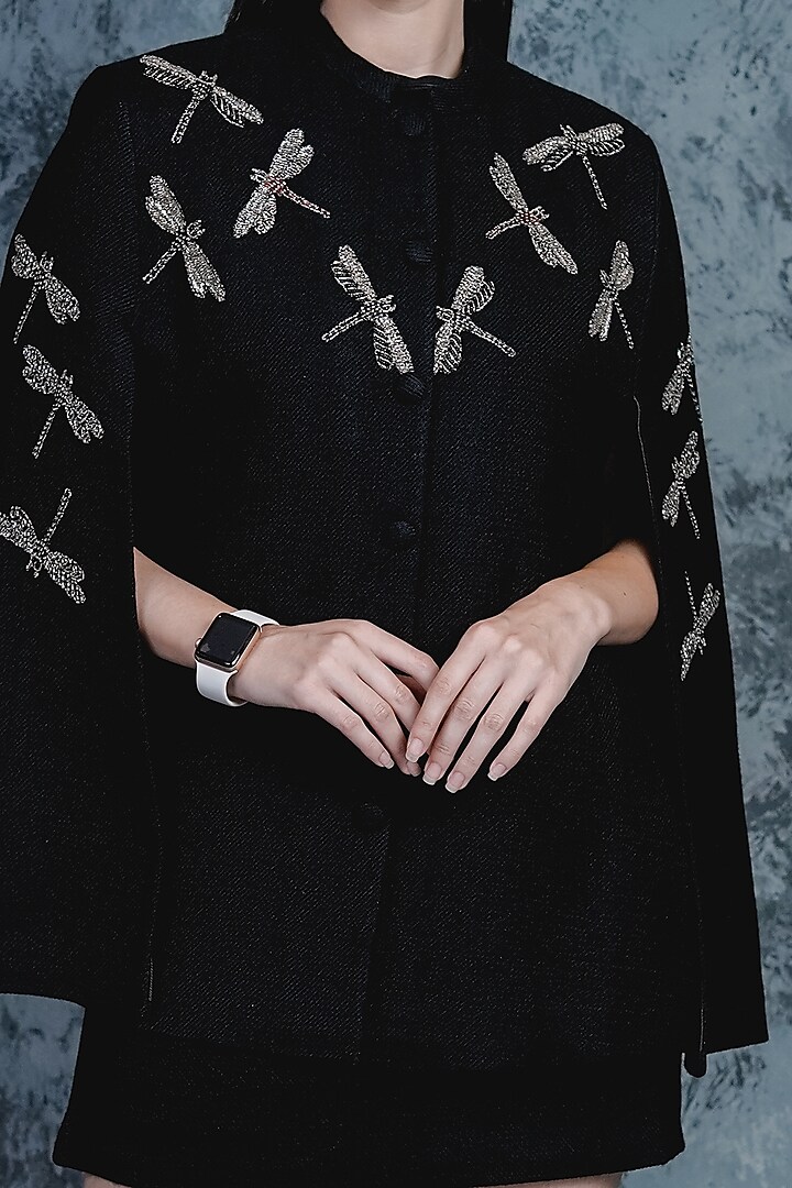 Black Embroidered Dragonfly Cape by Taroob at Pernia's Pop Up Shop