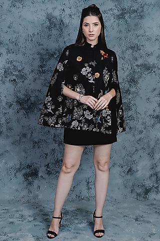 Black Embroidered & Printed Cape by Taroob